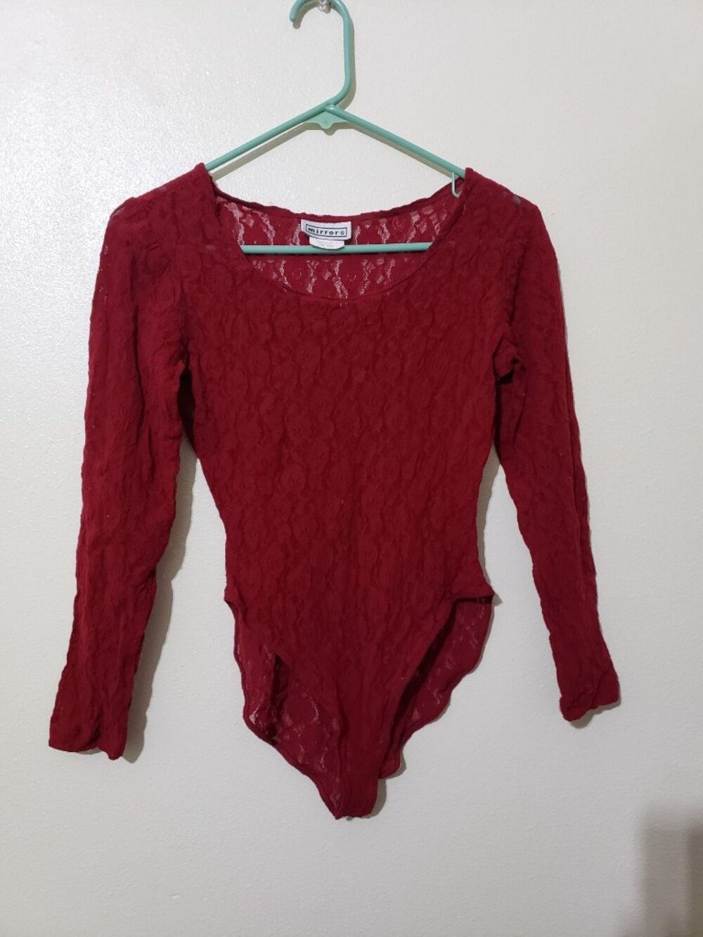 A set of 2 mirrors nylon, scoop neck lace bodysuit in burgundy and brown, size M